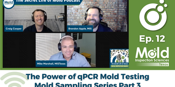 Three men engage in a lively podcast video call titled "The Secret Life of Mold Podcast" with an episode on "The Power of qPCR Mold Testing, Mold Sampling Series Part 3." Green accents highlight the backdrop featuring the Mold Inspection Sciences Texas logo, setting the tone for this insightful inspection discussion.